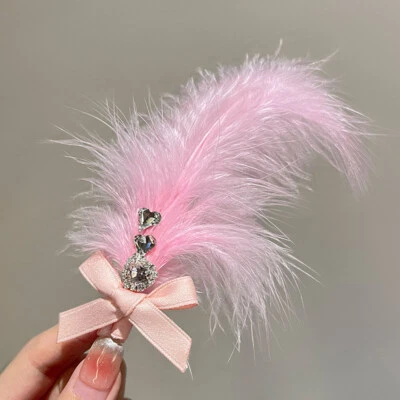 Bow Rhinestone Feather Hair Clip Fluffy Duckbill Hairpins Accessory Side Clip - Image 1 of 4