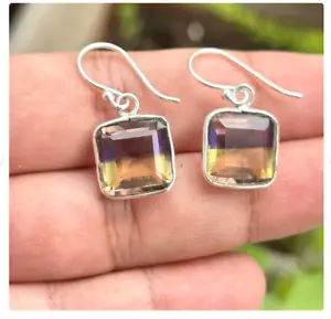 Natural Ametrine Emerald Cut Drop Dangle Earrings 14K White Gold Plated - Picture 1 of 4