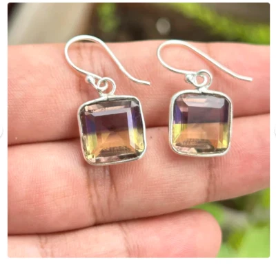 Natural  Ametrine Emerald Cut  Drop Dangle Earrings 14K White Gold Plated - Image 1 of 4