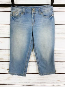 Code Bleu Womens Crop Jeans Size 10 Blue Capri Pants Flap Pockets Embellished - Picture 1 of 7