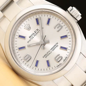 ROLEX OYSTER PERPETUAL 26 176200 SILVER ARABIC BLUE BATON STAINLESS STEEL WATCH - Picture 1 of 11