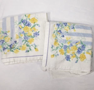 Vintage Laura Ashley Bath Towels Stripes Blue Yellow Flowers Floral Roses Set 2 - Picture 1 of 10