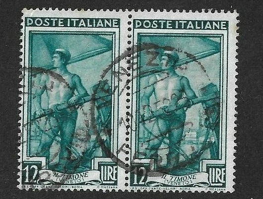 ITALY 1950 - PAIR - SG766  LA TIMONE (Fisherman) 12 L.  Blue green - Used VENICE - Image 1 of 1