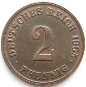 Coin German Reich Empire 2 Pfennig 1905 J IN Extremely fine / - Picture 1 of 2
