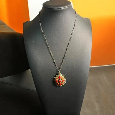 Bohemian Pendant Necklace Red Orange Floral Medallion Long Chain Unique Retro - Image 1 of 4
