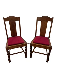 Antique Side Chairs set of Two Barley Twist Legs, Tiger Oak Back, Red Felt seat - Picture 1 of 10