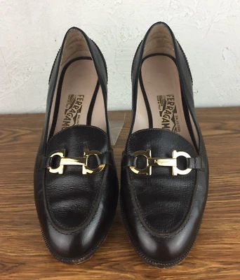 SALVATORE FERRAGAMO Brown Leather Gold Gancini Preppy Slip On Loafers Size 9 C - Image 1 of 4
