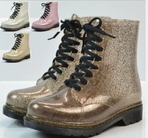 Womens Girls Wellington Lace Up Shiny Block Festival Jelly Wellies Rain Boots - Picture 1 of 14