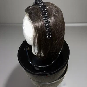 VTG Black Patent Leather Wig HAT Box Travel Case W/Handle & Human Brown Hair Wig - Picture 1 of 11