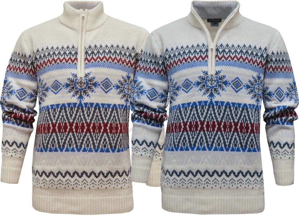 Mens 1/4 Zip Pullover Knitted Casual Jumper Aztec Design Quarter Zip Top ExStore - Image 1 of 4