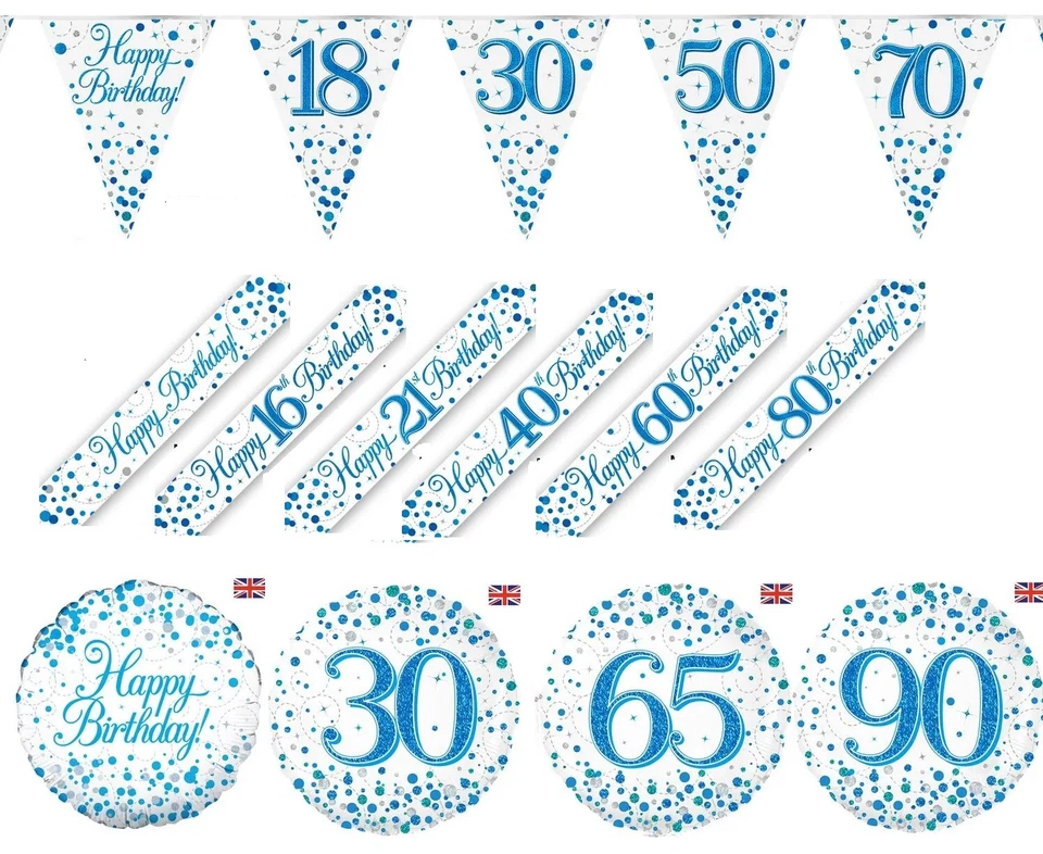 Blue Sparkling Holographic Foil Happy Birthday Banner & Bunting 18" Balloons - Image 1 of 1