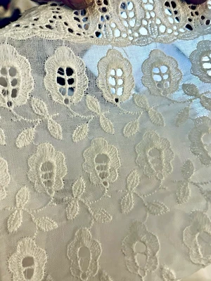 VTG Beautiful White on White Embroidered Border Semi Sheer Voile 34" X 48" - Image 1 of 4