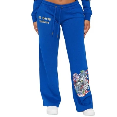 Pantalones deportivos Ed Hardy pierna ancha para mujer talla mediana Tiger Lotus acampanados ropa de calle azul Foto 1 de 4