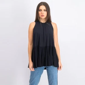Free People Right On Time Tie Back Peplum Cotton Blend Tunic Top Black Blue M - Picture 1 of 15