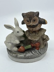 Vintage Woodland Creatures Figurine Owl On Tree Stump and Bunny W/ Carrots - Picture 1 of 12