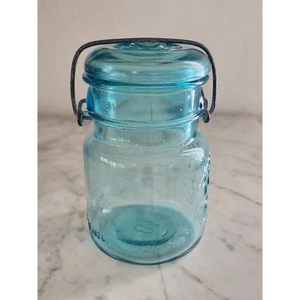 Tarro de albañil vintage de sello apretado, tapa lateral de alambre, patente 1908, vidrio azul - Imagen 1 de 10