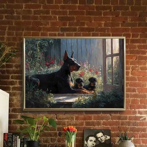 Doberman Dog with Puppies Poster Vintage Window Art Print Rustic Pet Artwork - Picture 1 of 5