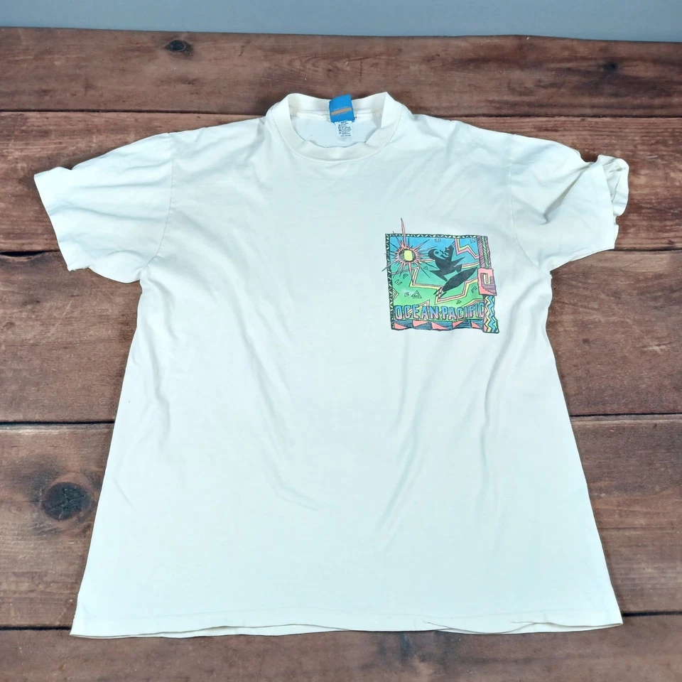 Vintage Ocean Pacific OP Surf Graphic T-Shirt XL White Pocket Tee Double Sided - Image 1 of 4
