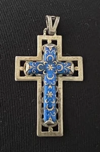Ancien Pendentif Croix XIXème EMAUX en ARGENT - Bild 1 von 4