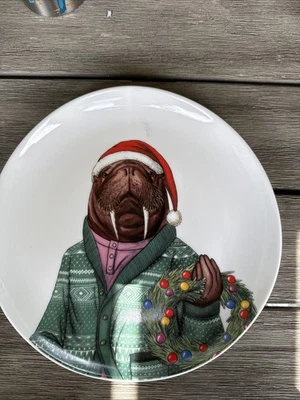West Elm Rachel Kozlowski Walrus Dapper Animal Christmas Wreath Plate Holiday - Image 1 of 4