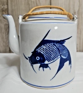 TEAPOT: CARP FISH KOI, Blue White Hand Painted, 6.5" tall, ORIENTAL, VTG JAPAN? - Picture 1 of 21
