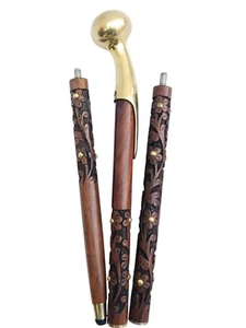 Solid Brass Walking Stick Head Handle Vintage Brown Wooden Carved Handmade Cane - Picture 1 of 4