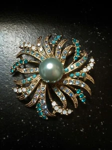 Starburst Faux Blue Pearl Multicolor Rhinestone Untested Pin Brooch - Picture 1 of 5