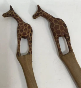 African Wooden Giraffe Salad Spoon Fork Set Hand Carved Wood Folk Art Serving - Picture 1 of 4
