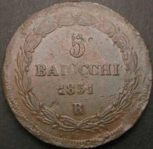 VATICAN (Papal States) 5 Baiocchi 1851B - Copper - F/VF - 908 ¤ - Picture 1 of 2