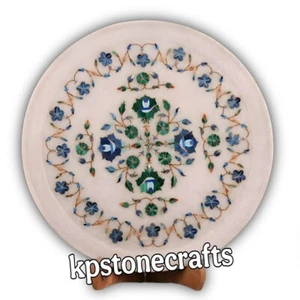 Handmade 12" Marble Inlay Plate with Wooden Stand – A True Masterpiece of Art - Picture 1 of 5