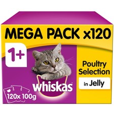 120 x 100g Whiskas 1+ Adult Wet Cat Food Pouches Mixed Poultry Jelly