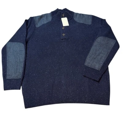 Orvis Lambswool Sweater Men’s Large Blue With Tweed Elbows & Shoulders NWT - Imagem 1 de 4