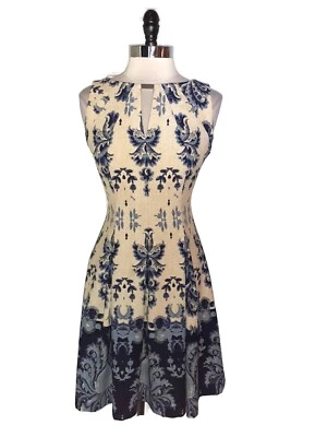 GABBY SKYE Size 8 A-Line Dress Beige Blue Floral Sleeveless - Image 1 of 4