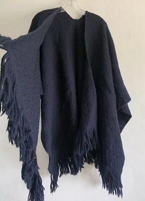 UNISEX NAVY BLUE LAMBWOOL REVERSIBLE PONCHO BODYWARMER SHAWL PASHMINA CAPE SHAWL - Image 1 of 4