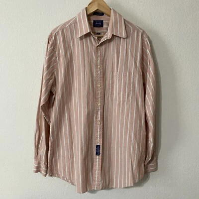 Vtg Allen Solly Shirt Mens 16 34-35 Peach Stripe Essex Poplin Button Down Pocket - Image 1 of 4