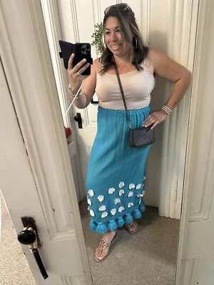 Vintage Handmade Turquoise, White Flowers Maxi Skirt One Size  - Image 1 of 4