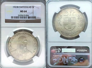 Switzerland 1923 5 Fr. Superb Gem NGC 64++, Rare High Grade, Beauty. - Picture 1 of 1