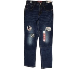 Arizona Jean Co Boys Patchy Jeans Size 16 Regular Straight Flex Denim Dark Wash - Picture 1 of 9