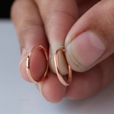 18k Solid Rose Gold Plan Hoop Earrings, Women's Minimalist Handmade Fine Jewelry - Imagem 1 de 4