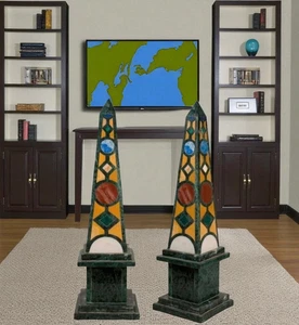 Two-Piece 24" Green Marble Obelisk Set with Pietra Dura Inlay Art Sculptures Dec - Picture 1 of 6