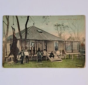 Antigua postal de hombres de campamento de caza con rifles pistolas y alces y ciervos matan - Imagen 1 de 3