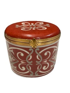 Raynaud Limoges Porzellan Kerzendose Goldrand rustikal rot grau weiß floral klein - Bild 1 von 11