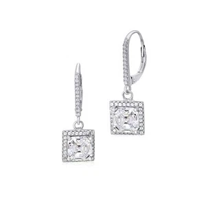 Sterling Silver 925 Simulated Diamond Square Asscher Cut Halo Leverback Earrings - Picture 1 of 5
