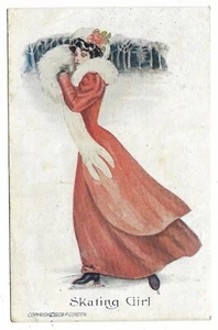 Postcard Skating Girl 1909 Victoria White Muff Red Dress P. Gordon Used - Picture 1 of 2