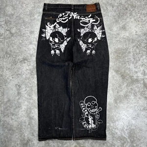 Vintage Ed Hardy Jeans Mens 40 Y2K Grunge Skulls Skater Wide Leg Baggy Black - Picture 1 of 12