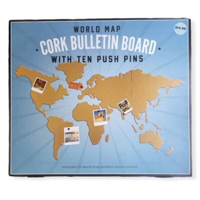 World Map Cork Bulletin Board Notes Reminders Photos With Push Pins NEW! - Image 1 of 3