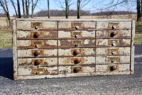 Antique Apothecary Cabinet metal File Box industrial brass drawer pulls tool box Cover