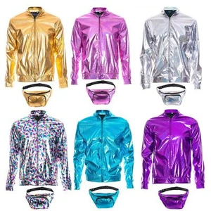 70s 80s 90s Foil Metallic Shiny RAVE Bomber Jacket Hologram Festival Fancy Dress - Picture 1 of 8