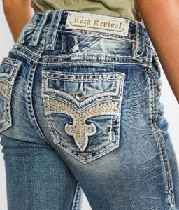 🤘NeW!!🥰 ROCK REVIVAL CADEAU LIGHT WASH ROPE EMBROIDERED STRAIGHT JEANS 26 - Picture 1 of 11