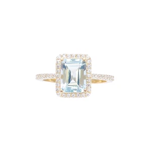 9ct Yellow Gold Emerald-Cut Aquamarine & Round Diamond Halo Ring 1.73ct - Picture 1 of 9